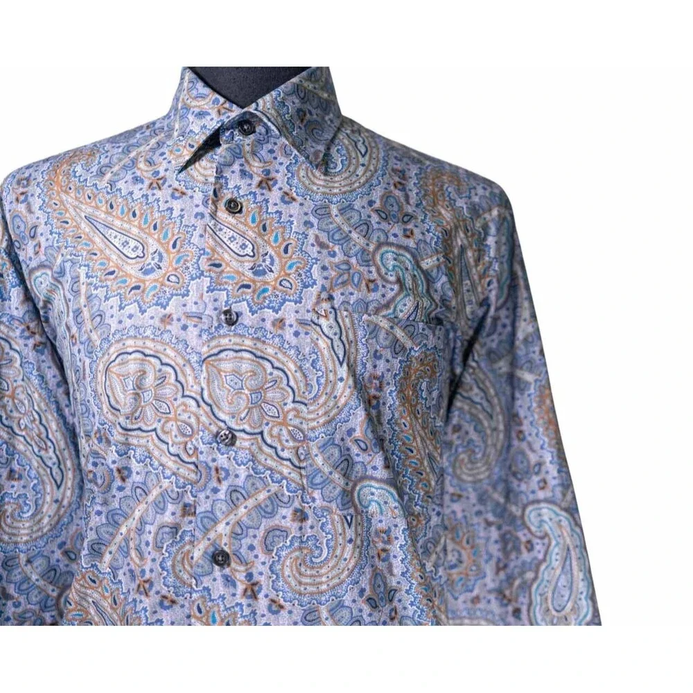 Alan Flusser Mens Shirt Large Blue Purple Paisley Button Up Long Sleeve Colorful - Picture 6 of 9